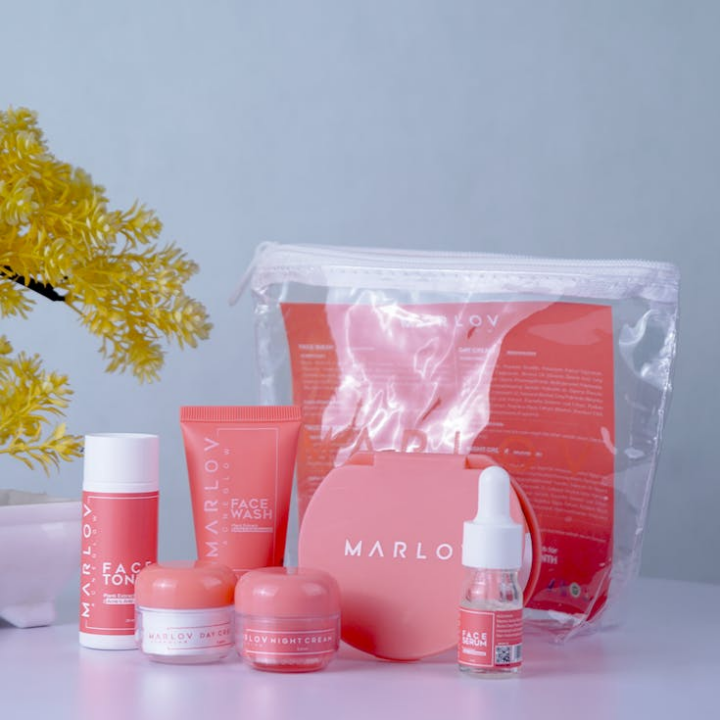 Skincare products with packaging and yellow flower display.
